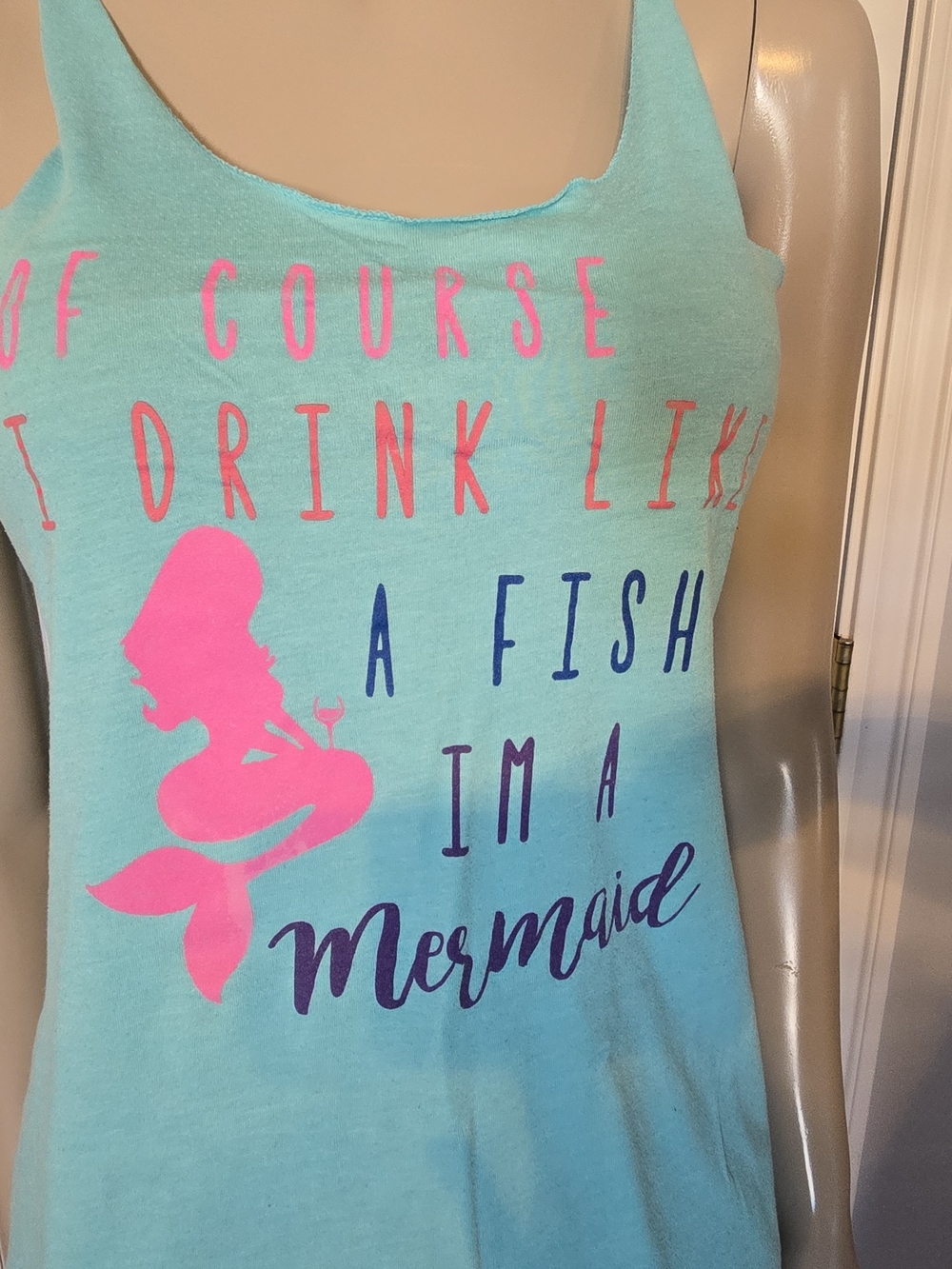 Turquoise Mermaid Graphic Tank Top with Pink, Purple & Navy Print